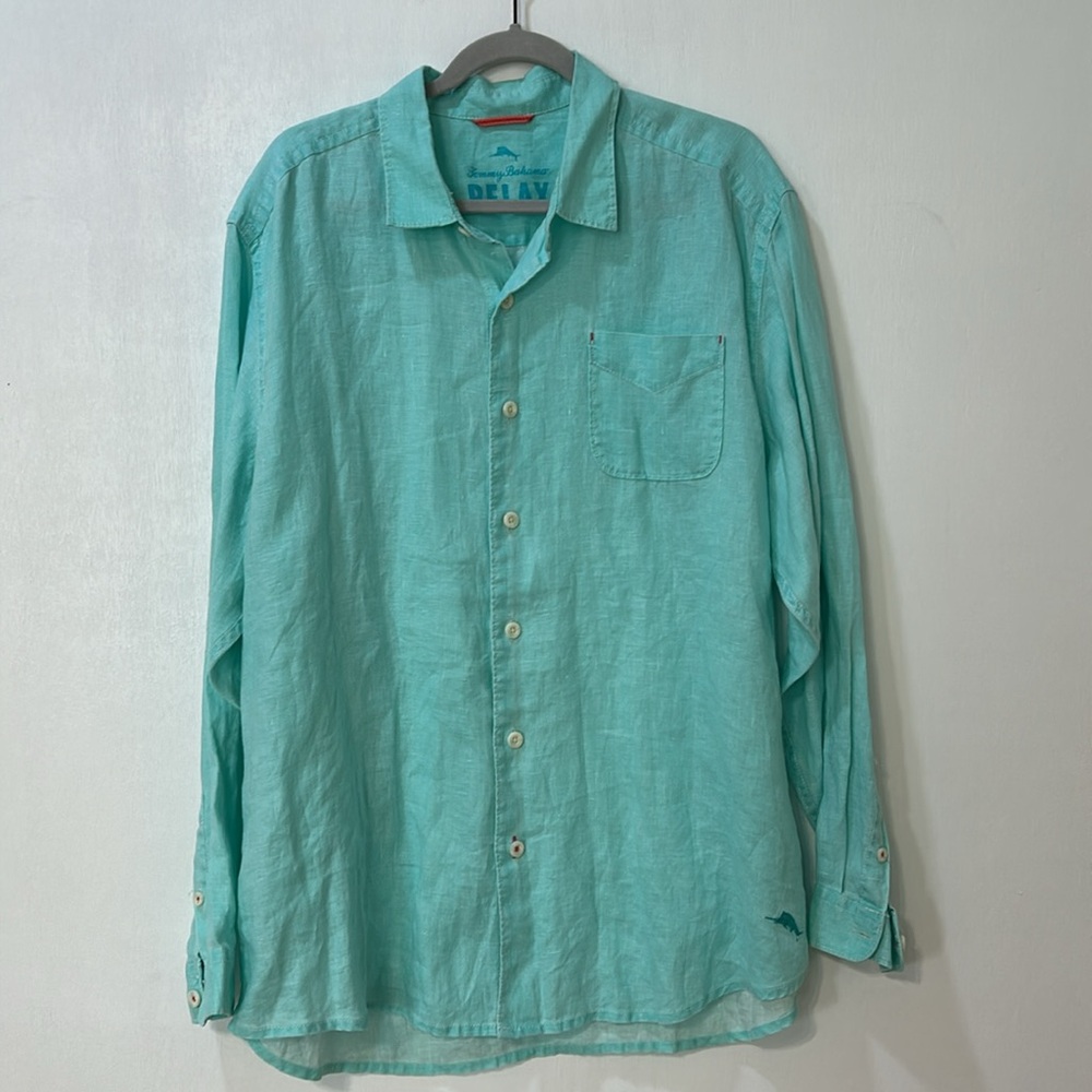 TOMMY BAHAMA MEN RELAX FIT DRESS BUTTON UP SHIRT 100 % LINEN TURQUOISE Sz XL